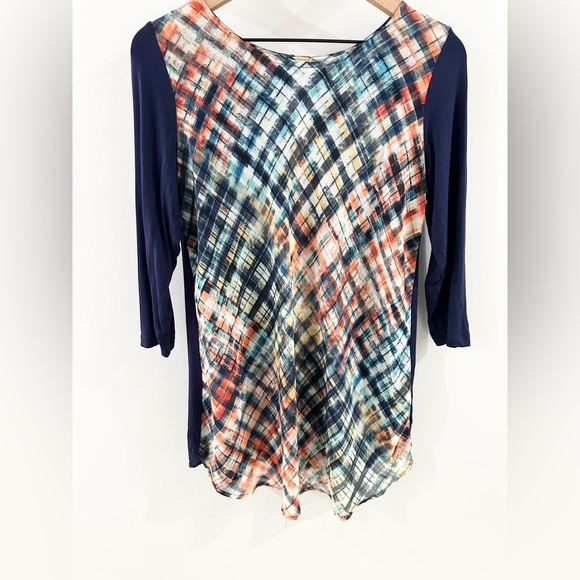 LOGO Lori Goldstein Plaid Contrast Tunic Blue Size Small - Picture 3 of 5